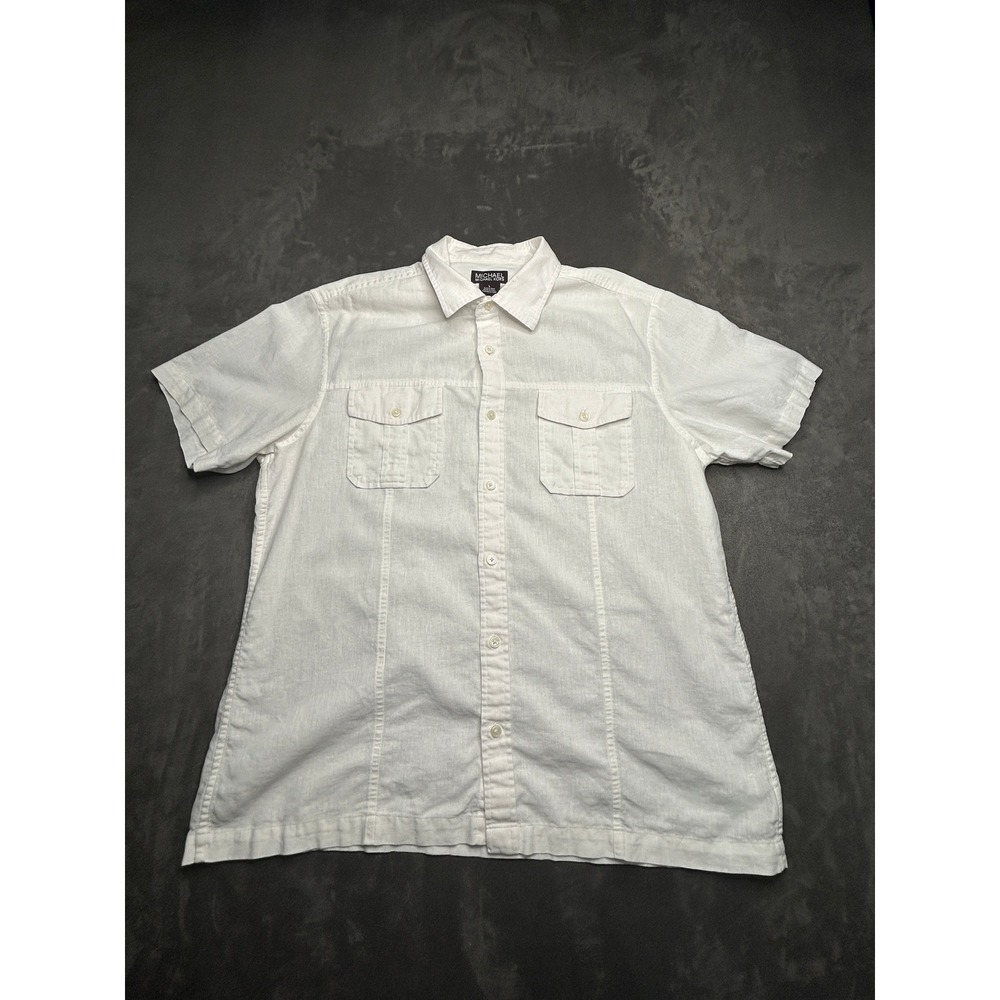 Michael Kors Button Down Shirt Mens Large White Linen Blend Short Sleeve Pocket